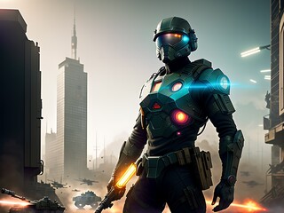 Action-packed scene of a fully equipped soldier ready for battle in the middle of a war-torn city generated by generative ai
