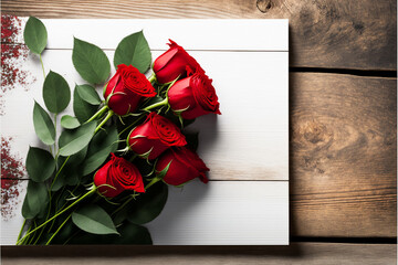 Bouquet of red rose flowers on wooden background Card for Valentine's Day or special dates