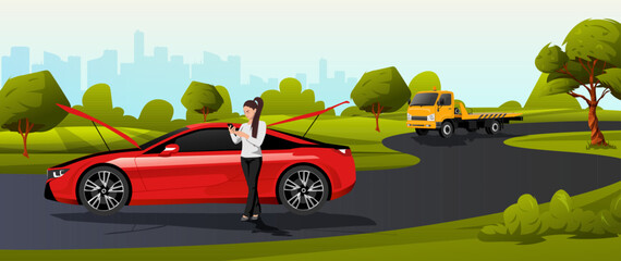 Fototapeta premium Towing service concept banner. Red sport car with damaged engine on country road. Young woman call to insurance and waiting the evacuator truck to transportation on repair station. Vector illustration