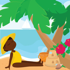 Cartoon summer illustration. The girl is sunbathing near the sea shore and palm trees, sand castle and hibiscus, shells.