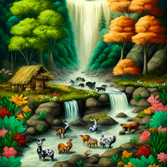 Fototapeta premium Nature, landscape natural background, forest and trees. Drawings from of summer and spring.Generative ai.