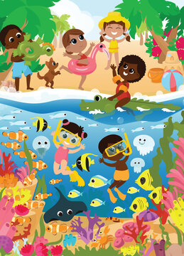 Children play on the tropical shore and swim on an inflatable crocodile. Under the water near the coral reefs, children aqua divers swim together with fish, jellyfish. Picture for children's puzzles.