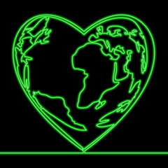 Continuous line drawing Heart shape earth icon neon glow vector illustration concept