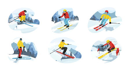 Set of skiers isolated on white background. Colorful skier rides and jumps. Winter sport characters slides in mountains. Ski actions: downhill, slalom, freeride, freestyle in Alps. Vector illustration