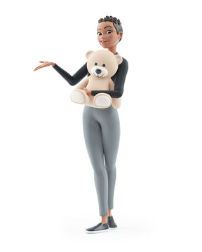 3d Character Woman Holding Teddy Bear