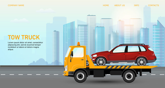 Red new car transportation by tow truck to sell on dealership center. Yellow vehicle evacuator in cityscape. Towing service help concept banner. Skyscraper buildings on background. Vector illustration