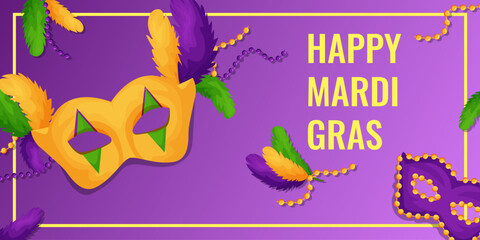 mardi gras. Banner template for advertising, web design, sites, applications, with beads, carnival mask and feathers, for packaging, printing. Vector illustration