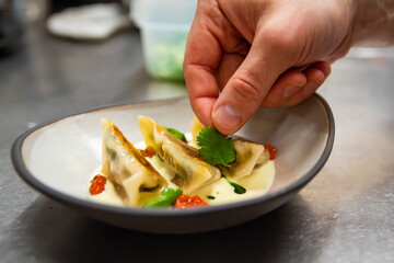 chefs hand making dumpling gyoza on kitchen