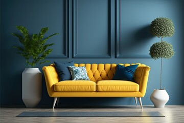 modern living room with yellow sofa, ai generated