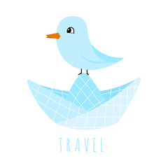 Cartoon dove bird on a paper boat. Cute illustration, travelling concept.