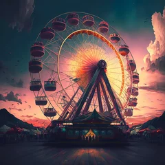 Foto auf Acrylglas huge ferris wheel fantasy cloudy sky at sunset giant with clouds fading in an amusement park revolving around orange festival  © Gerg