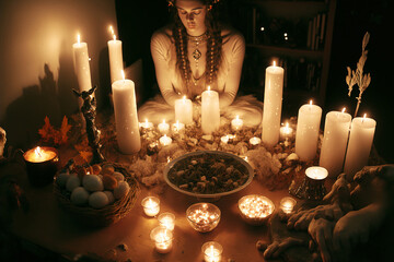  traditional Imbolc, Symmetrical Crystal Altar for Spring Renewal and Purification with Herbs, Flowers and Candle, AI