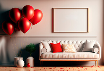 Mockup of a blank horizontal poster frame in a modern living room with a background in a Scandinavian-style living room, a beige sofa, and pampas grass. Valentines Day decorations