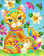 Illustration in stained glass style with a   rainbow cute cat on a background of meadows, bright flowers and sky