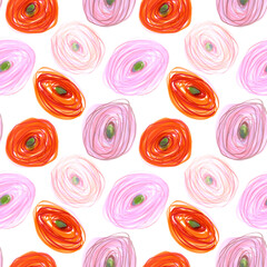 Seamless pattern of hand drawn Ranunculus flowers. Drawn by markers illustration. Botanical hand painted floral elements on white background.