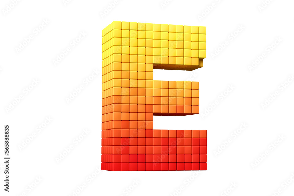 Poster 8-bit stylized pixel art alphabet letter e in yellow to orange color scheme. high quality 3d renderi