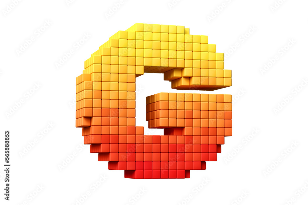 Poster digital lettering 3d pixel art font letter g in yellow to orange color scheme. high quality 3d rende