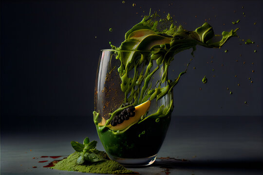 Green Smoothie Splashes With Smoothie Glass on Grey Background AI Generative