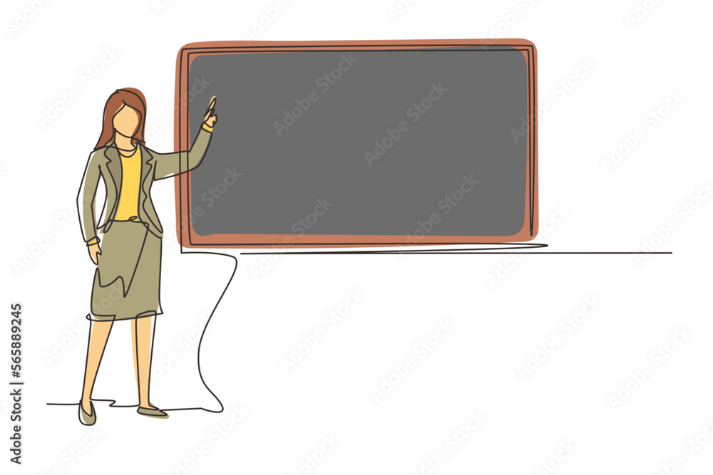 Poster continuous one line drawing woman teacher professor standing in front of blackboard teaching student