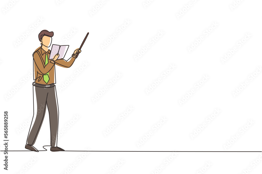 Poster single one line drawing man teacher standing with open book, pointer in front of classroom teaching 