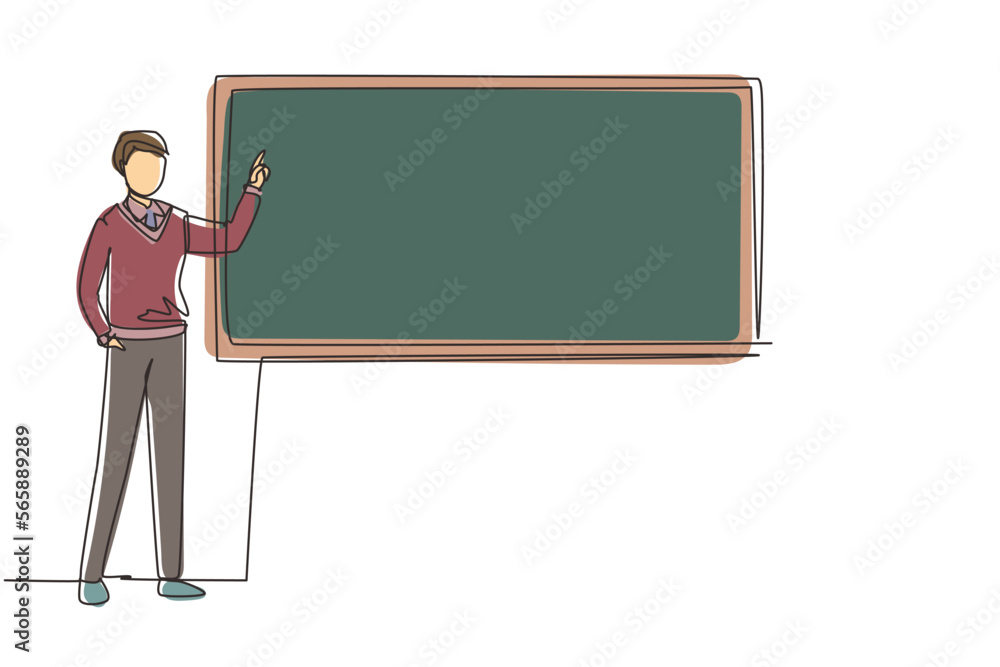 Poster continuous one line drawing man teacher professor standing in front of blackboard teaching student i