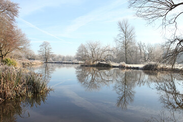 Naklejka na ściany i meble A still River Wey on a cold frosty morning, Surrey, UK.