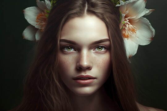 Junge hübsche Frau mit schönem Make-Up im Porträt und Blumen Gesteck im Haar, ai generativ