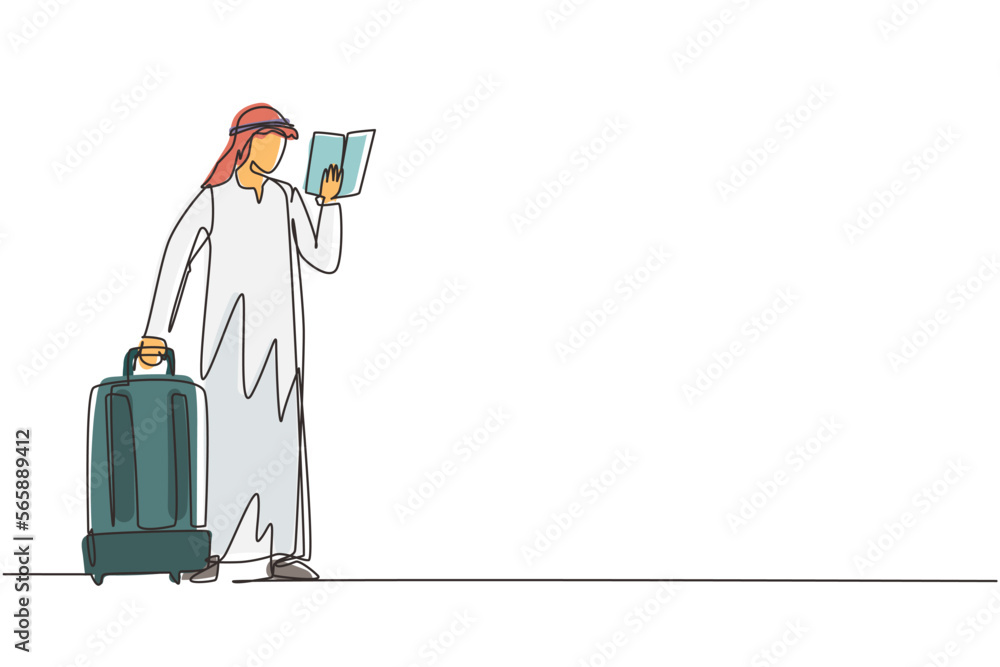 Sticker Single one line drawing Arabian man reading textbook. Male student standing with open book in hands and suitcase. Enthusiastic reader for educational. Continuous line draw design vector illustration