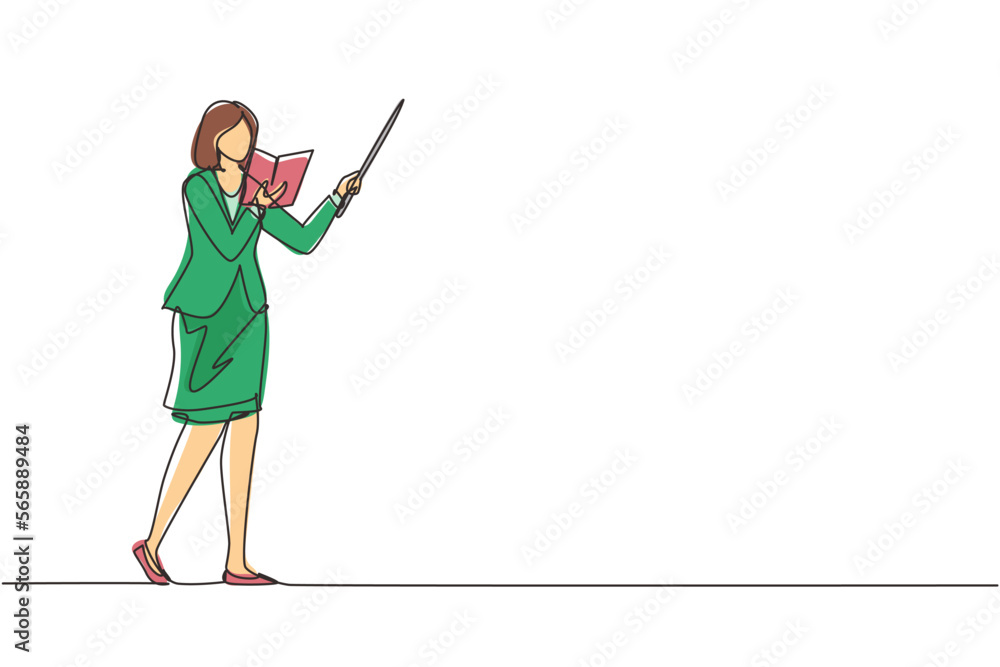 Poster single one line drawing woman teacher standing with open book, pointer in front of classroom teachin