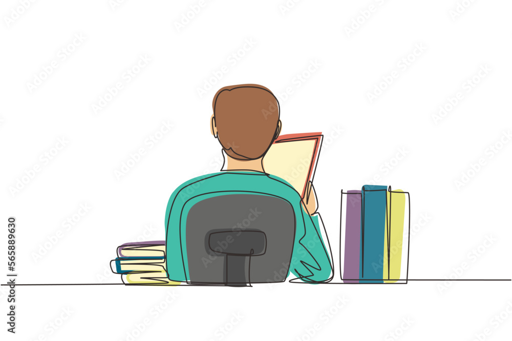 Poster continuous one line drawing back view of young man sitting at desk and reading book, student studyin