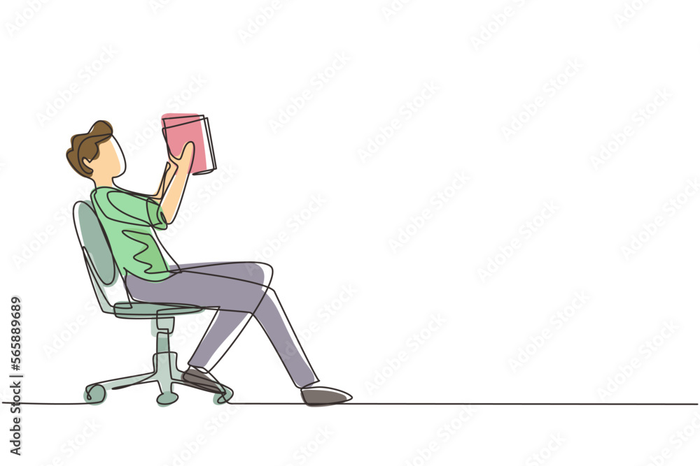 Poster single continuous line drawing boy reads book in chair. side view of exiting process of learning by 