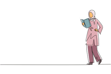 Single one line drawing happy modern young Arabian woman reading book standing. Smiling Arab female reader enjoying literature or preparing for exam continuous line draw design vector illustration