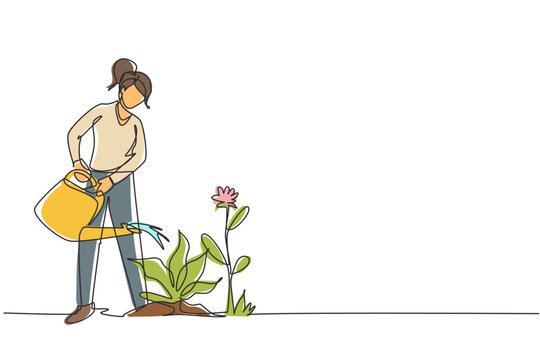 Single One Line Drawing Lovely Young Woman Or Gardener Taking Care Of Home Garden, Watering Houseplants Growing In Greenhouse With Watering Can. Continuous Line Draw Design Graphic Vector Illustration