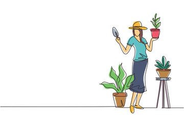 Single one line drawing woman gardener, florist working in botanical garden, home backyard, planting flower, holding little shovel. Rack, plant in pots. Continuous line draw design vector illustration