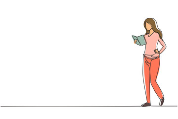 Single one line drawing happy modern young woman reading book standing. Smiling female reader enjoying literature or preparing for exam. Modern continuous line draw design graphic vector illustration