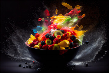 Colorful Fruit Salad Dripping in a Bowl on Soft Cyan Background AI Generative