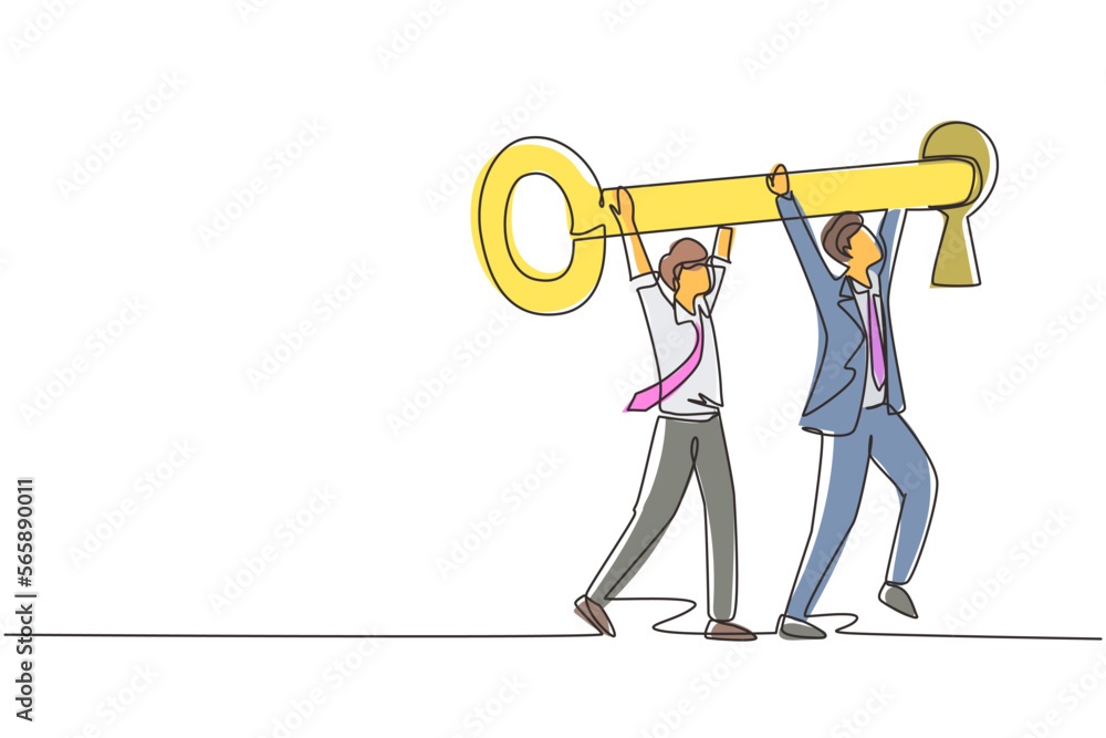 Poster continuous one line drawing business key concept with two male figures wearing suits while lifting a