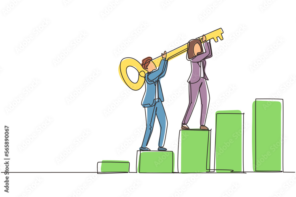Poster continuous one line drawing teamwork, key to success. unlock business solution concept. businessman 