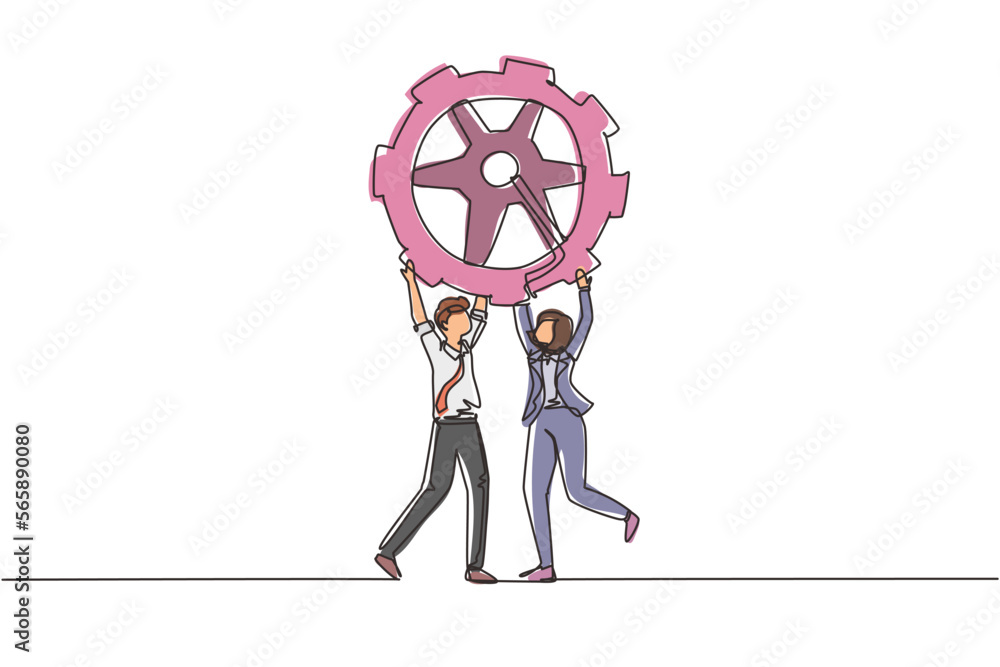 Poster single continuous line drawing collaboration. man and woman lifting gears. people working with cogs.