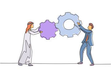 Continuous one line drawing teamwork cooperation in gear mechanism. Two Arab businessmen engaged in business direction to successful. Huge cogwheel machine. Single line draw design vector illustration
