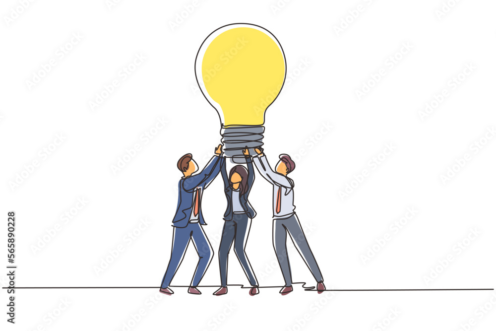 Poster single one line drawing group people hold huge lamp new idea. success in business rely on teamwork, 