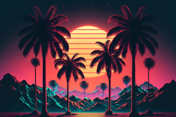 Palms and beach retro style. Created with generative Ai technology.