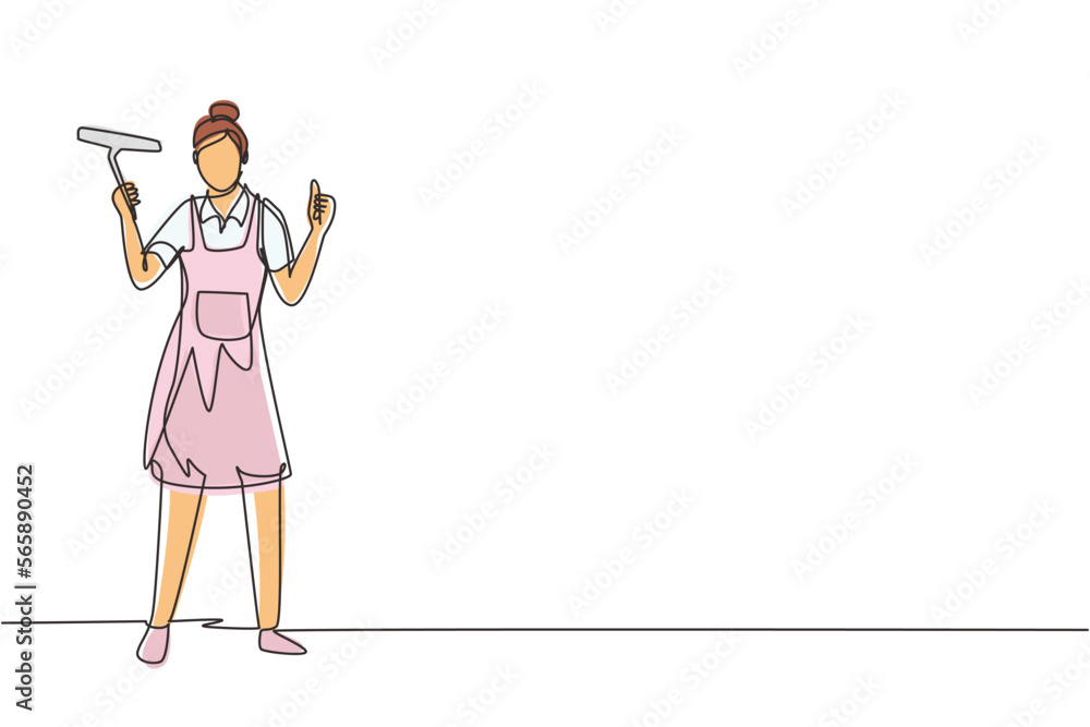 Poster continuous one line drawing window cleaner in uniform with professional equipment for cleaning windo