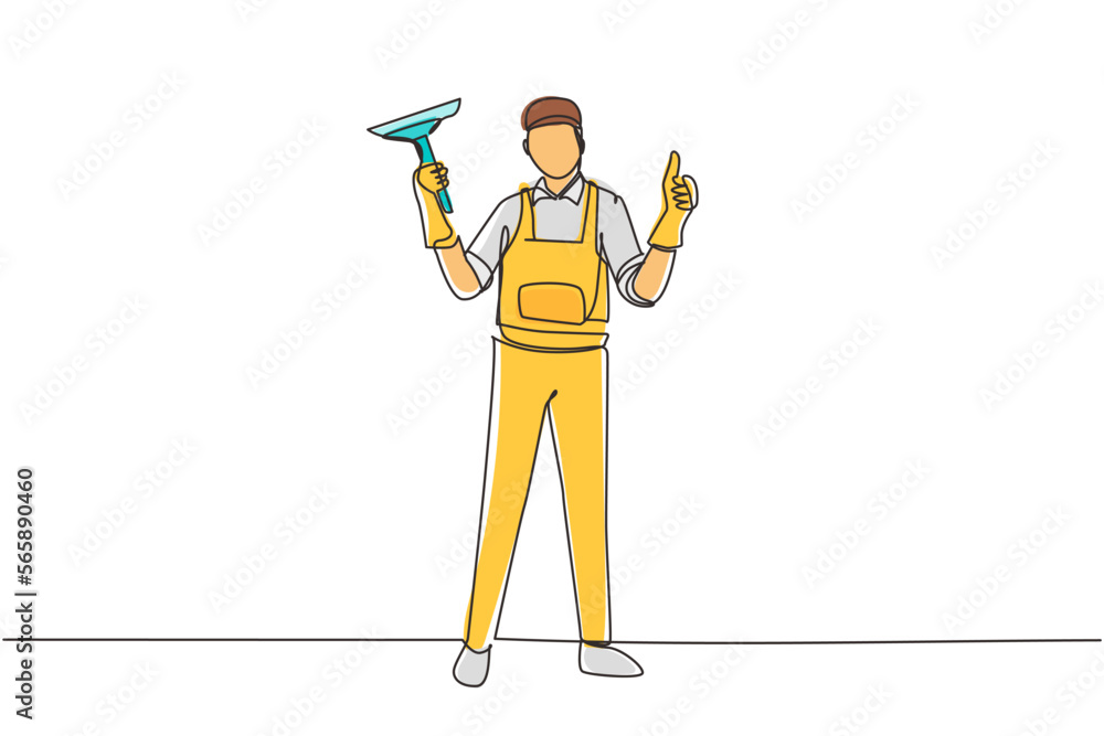 Poster continuous one line drawing window cleaner in uniform with professional equipment for cleaning windo