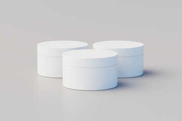 White Plastic Cosmetic Multiple Jars Mockup. 3D Illustration