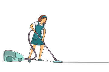 Continuous one line drawing woman with vacuum cleaners of various types isolated on white background. Washing, cleaning service. Disinfection and cleaning. Single line draw design vector illustration