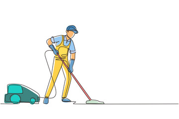 Single one line drawing man with vacuum cleaners of various types isolated on white background. Washing and cleaning service. Disinfection and cleaning. Continuous line draw design vector illustration