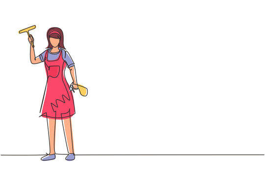 cleaning woman holding squeegee, red dress