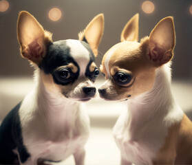two chihuahuas in love looking at each other with magical fantasy lighting, a couple of lovers for valentines day
