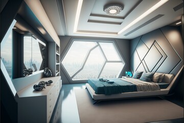 Fototapeta na wymiar Edles modernes schönes Schlafzimmer mit Bett und Möbel, ai generativ